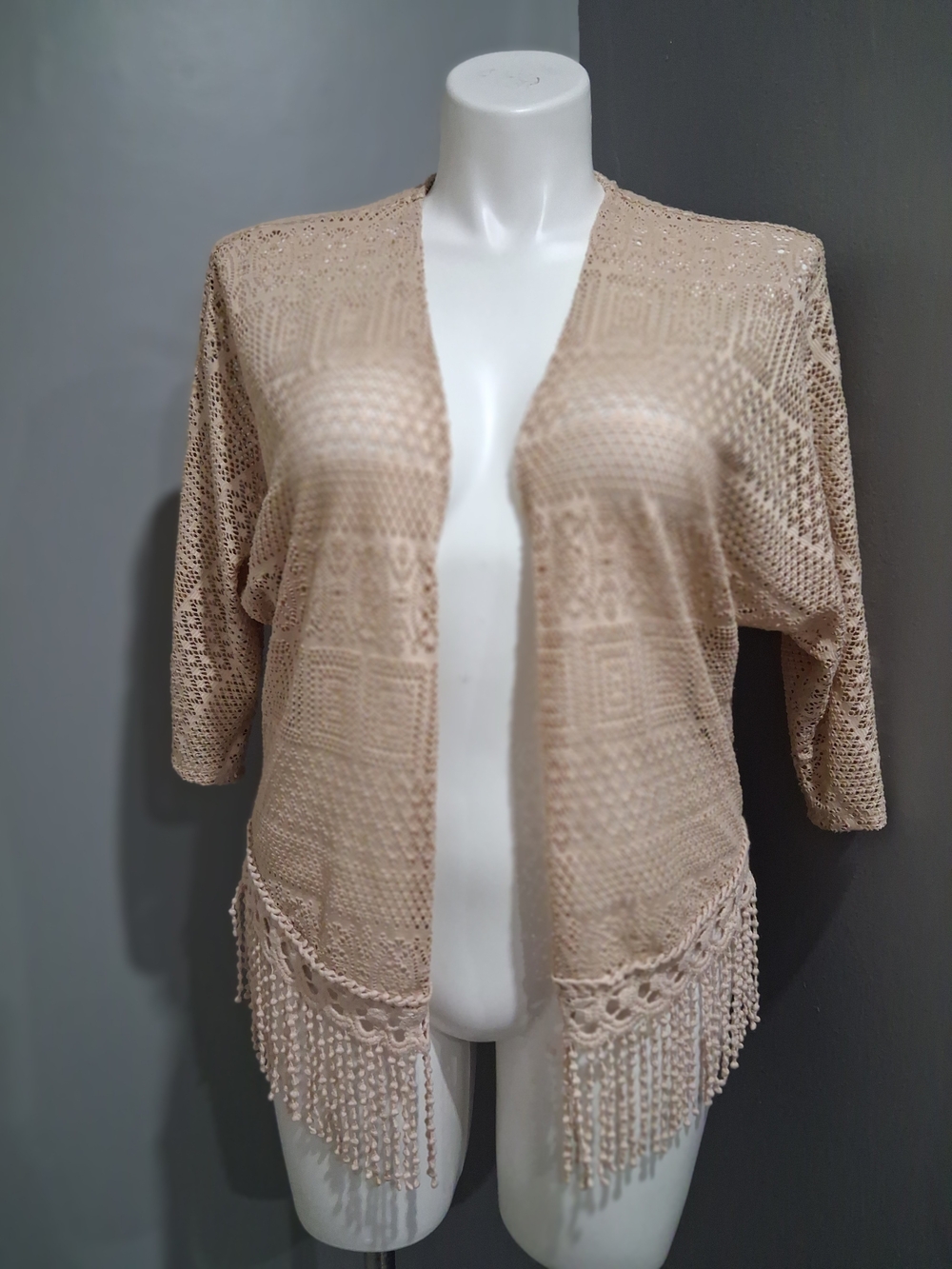 love on a hanger Beige Crochet Fringe Open-Front Kimono